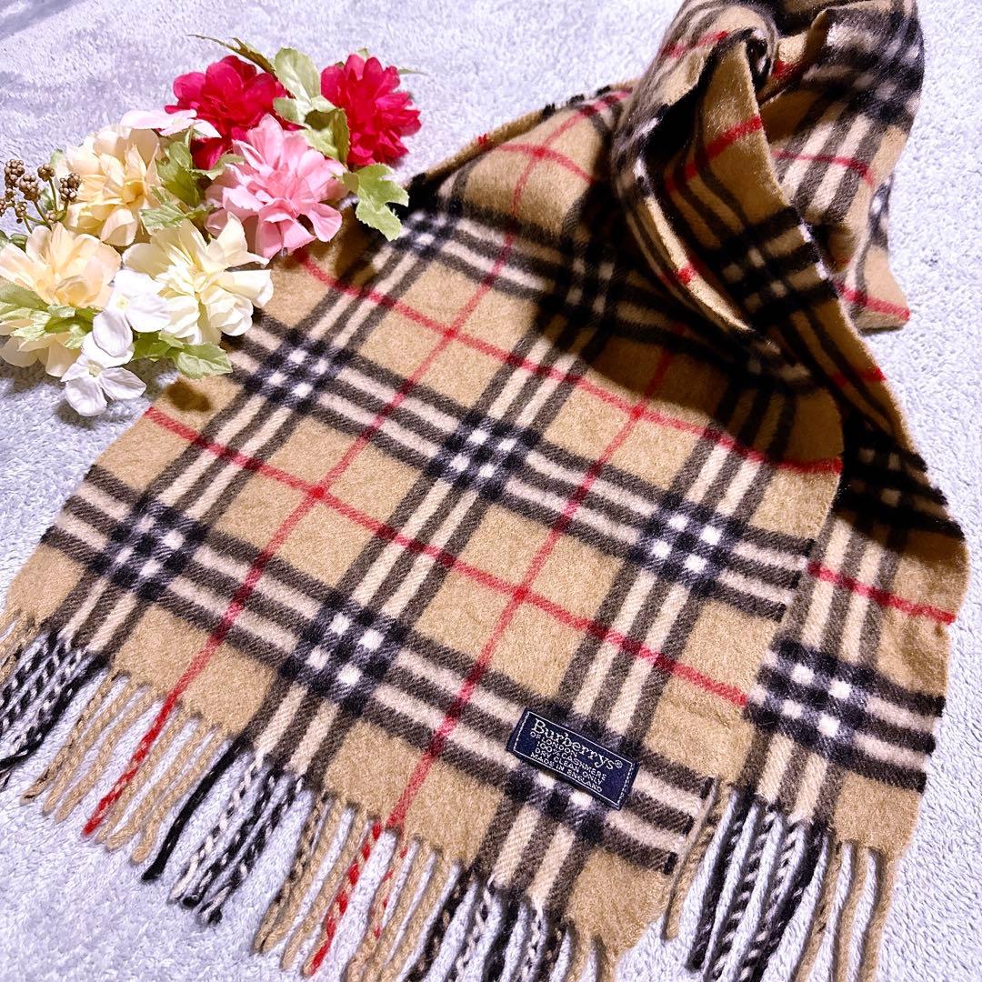 カシミヤ100%【未使用級】バーバリー マフラー ノバチェック フリンジ