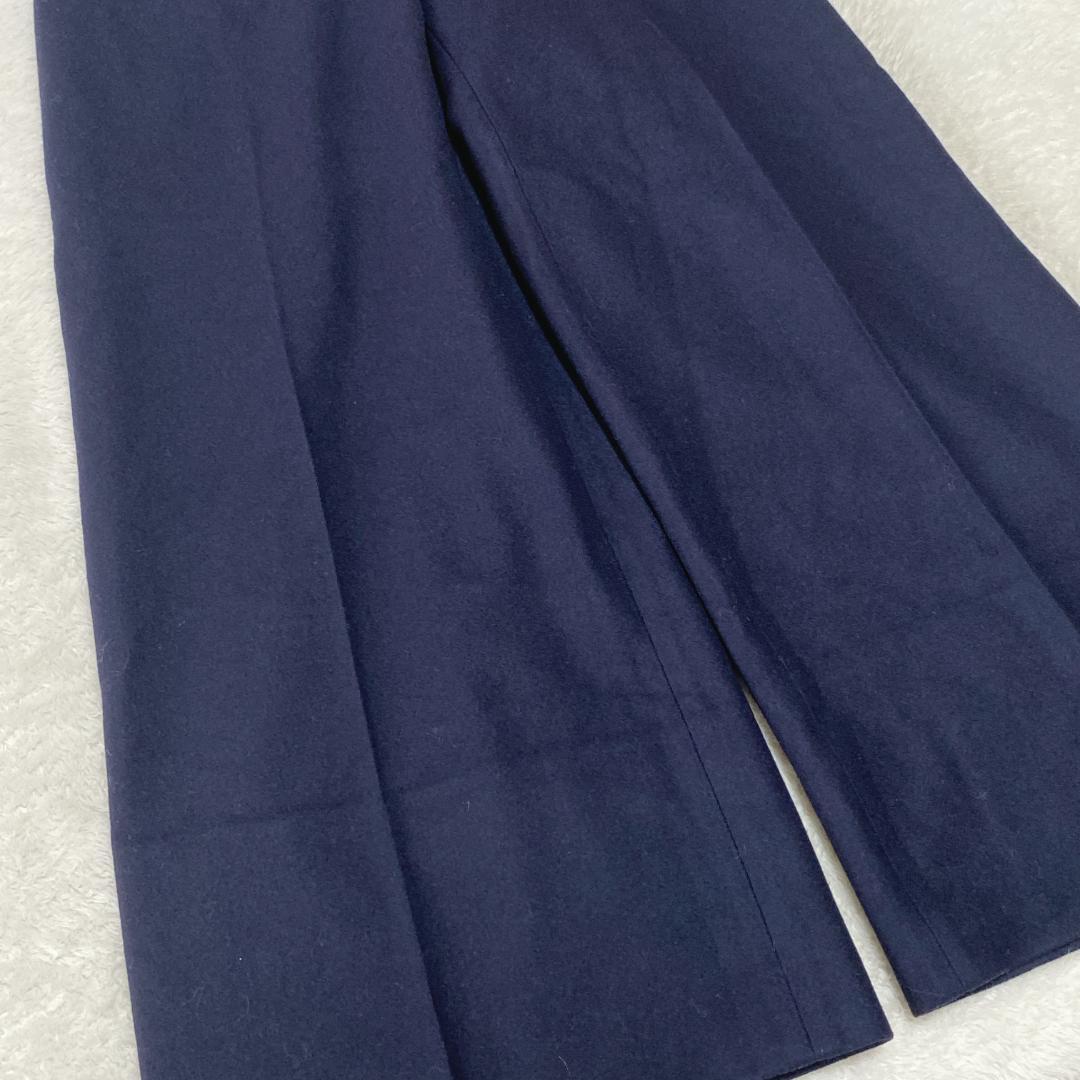DO0023【セリーヌ】ワイドパンツ【36】カシミヤ混 ボタンオープン ネイビー