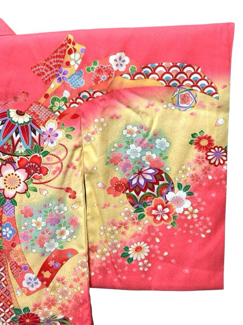 美品　女の子　初着　一つ身着物、襦袢セット　ピンク×パステルイエロー　正絹