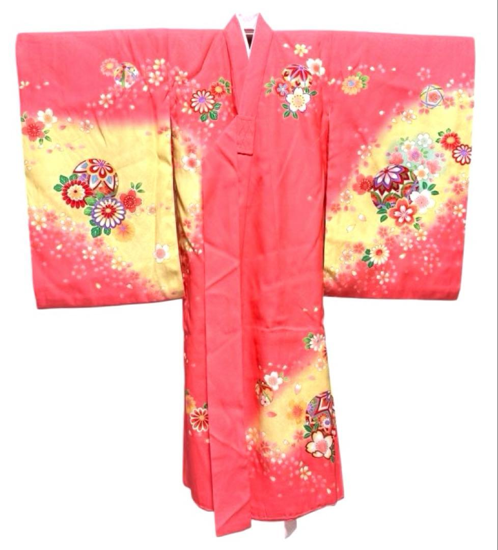 美品　女の子　初着　一つ身着物、襦袢セット　ピンク×パステルイエロー　正絹