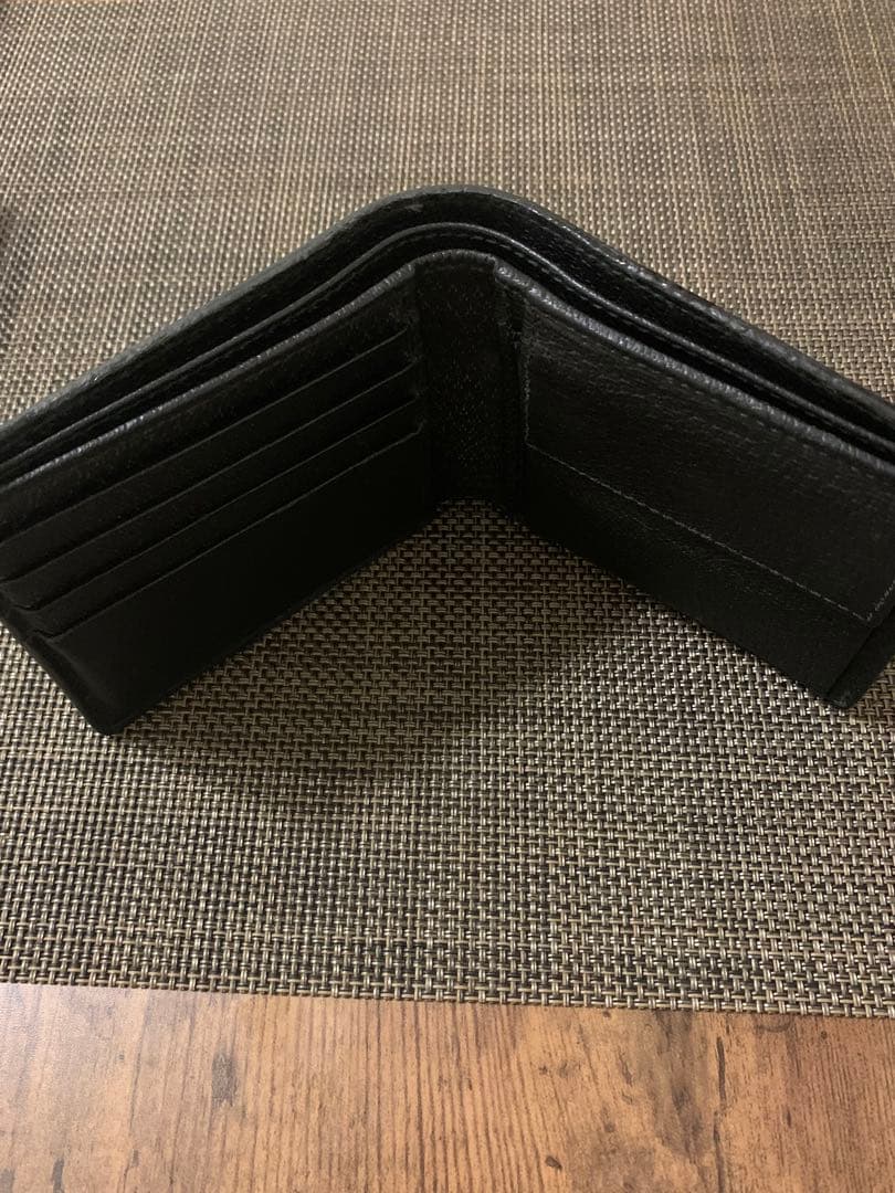 Gucci 二つ折り財布 黒 レザー トリコロールストライプ　シェリーライン