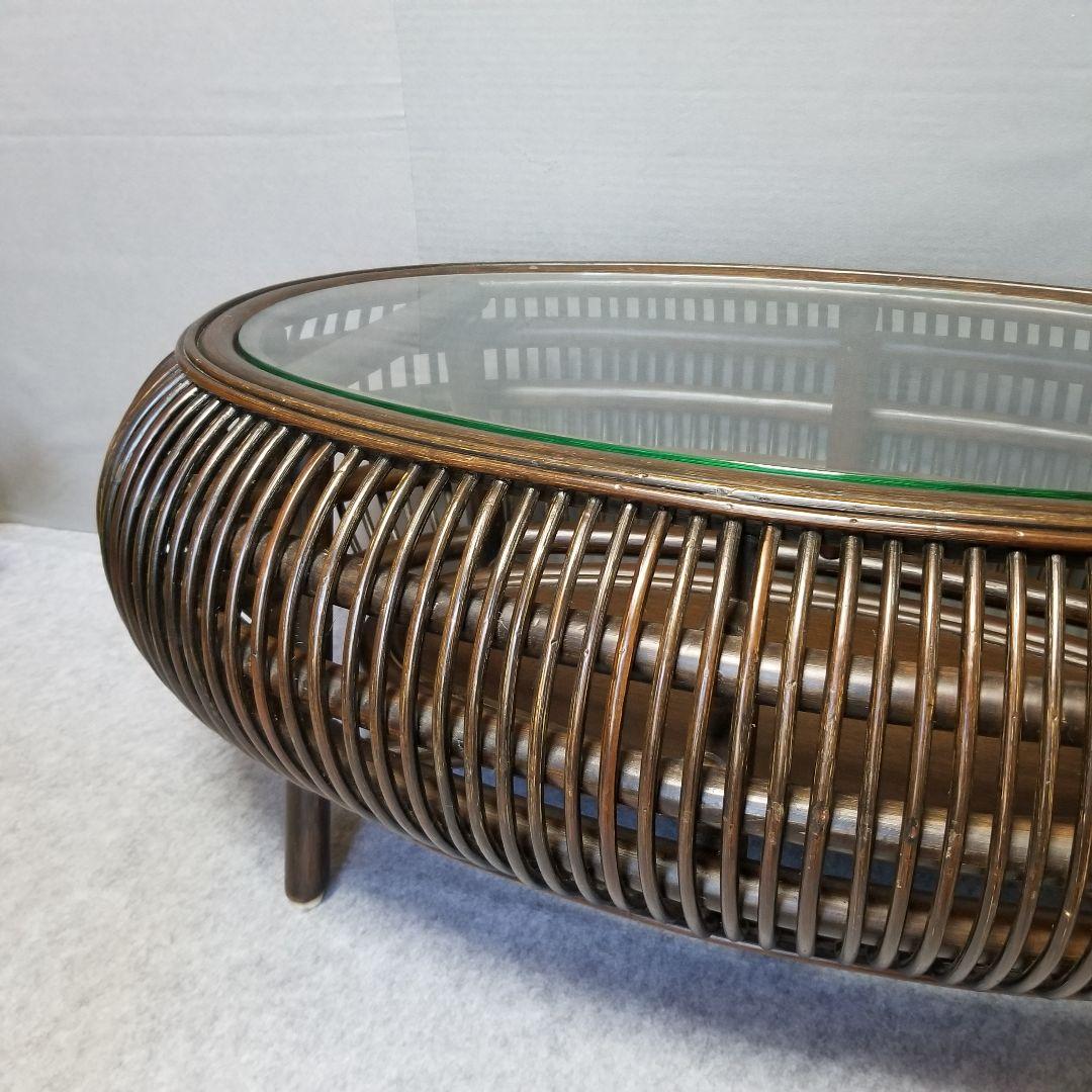 ラタン ガラス ローテーブル センターテーブル 楕円