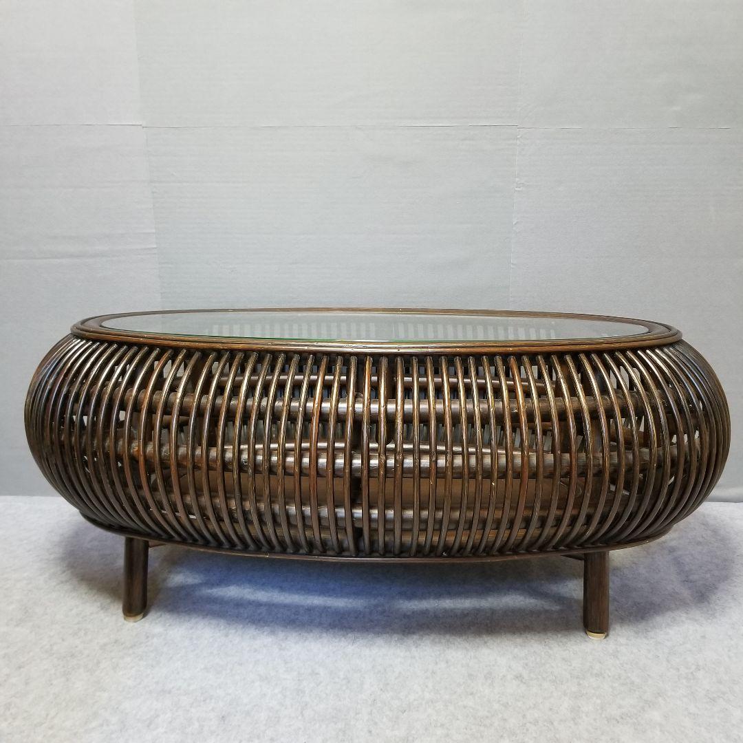 ラタン ガラス ローテーブル センターテーブル 楕円