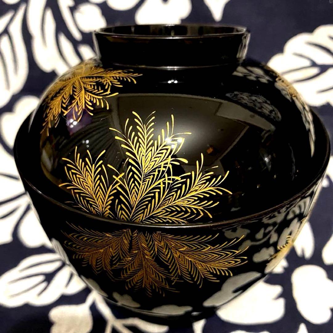 輪島塗　忍紋沈金　木製吸物椀　五客組　共箱有り　高級漆器　羊歯紋　雑煮椀・煮物椀