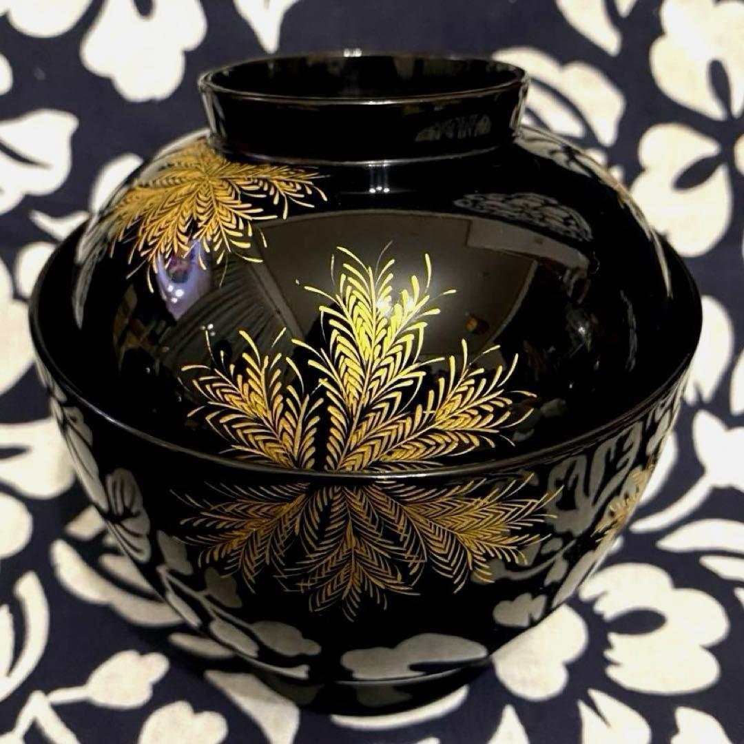 輪島塗　忍紋沈金　木製吸物椀　五客組　共箱有り　高級漆器　羊歯紋　雑煮椀・煮物椀