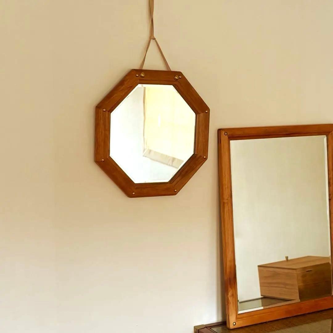 【 アンティーク 】八角形 木製ミラー 北欧インテリア 吊り下げミラー
