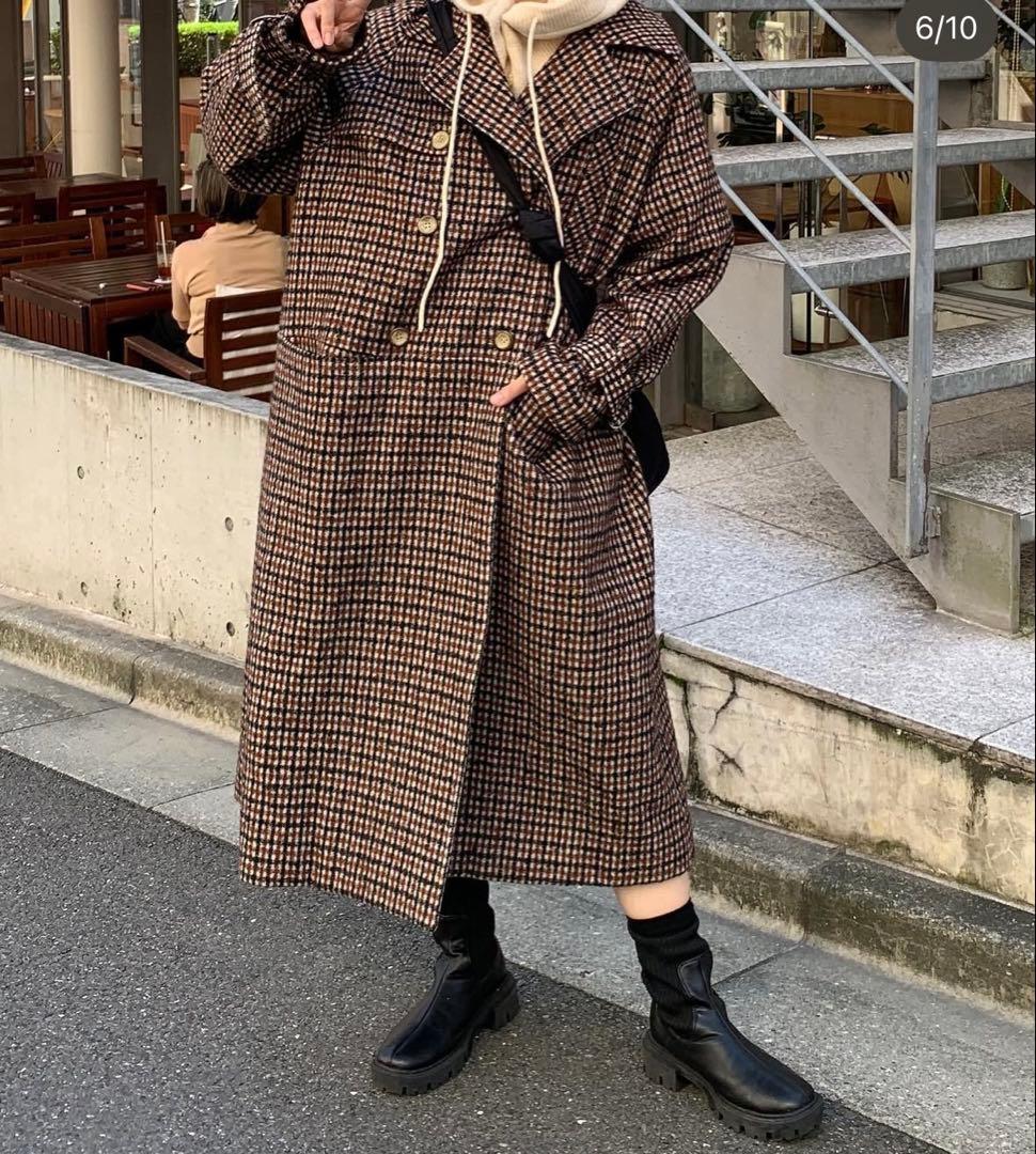 kastane ブラウン チェック柄 ロングコート