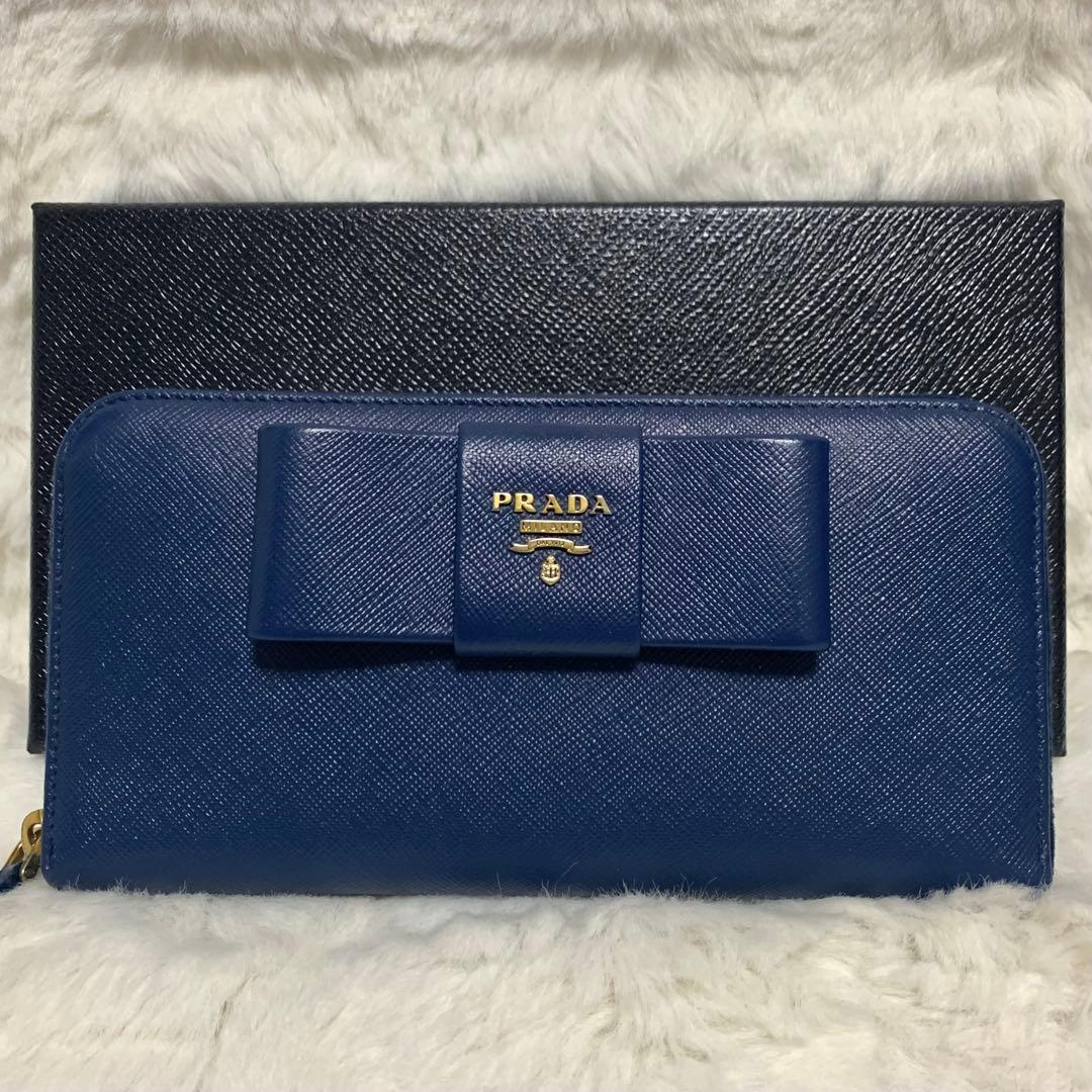 美品　PRADA 長財布　サフィアーノ　リボン　ラウンドジップ　ネイビー