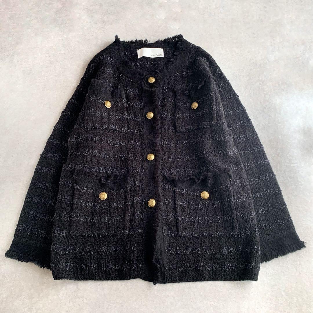 Whim Gazette ツイードニットジャケット ブラック モヘヤ混 金ボタン