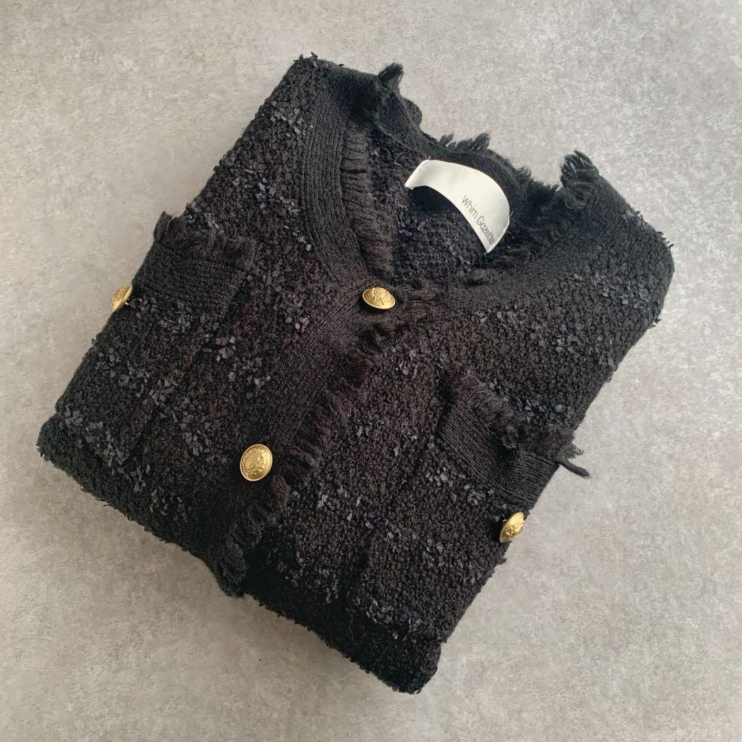 Whim Gazette ツイードニットジャケット ブラック モヘヤ混 金ボタン