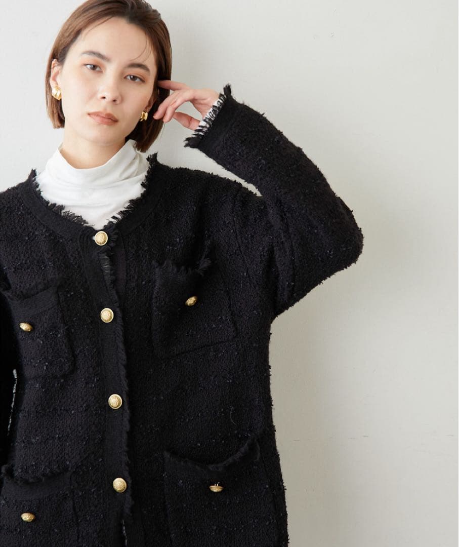 Whim Gazette ツイードニットジャケット ブラック モヘヤ混 金ボタン