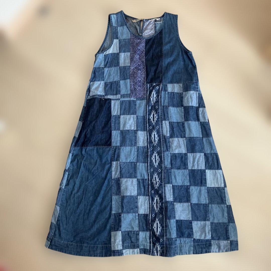 レア　ジーンナッソーズ　デニムパッチワークノースリーブワンピース