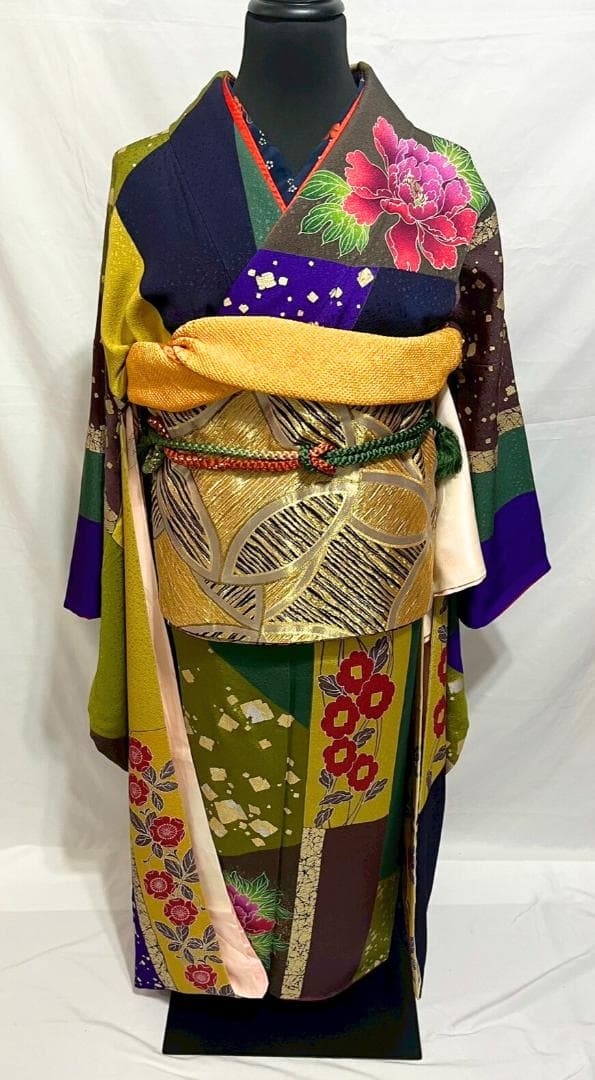 【美品】比嘉京子　振袖フルセット成人式6点セット金箔/紫/赤/緑/黒トールサイズ