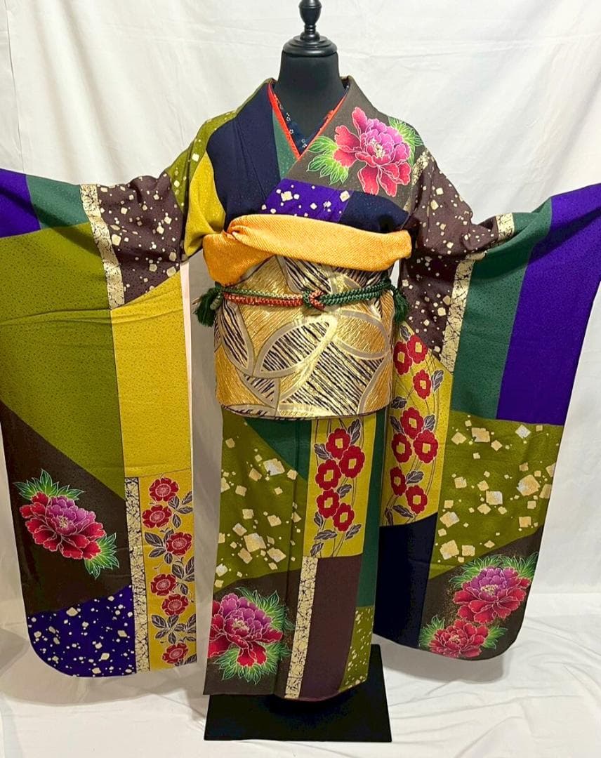 【美品】比嘉京子　振袖フルセット成人式6点セット金箔/紫/赤/緑/黒トールサイズ