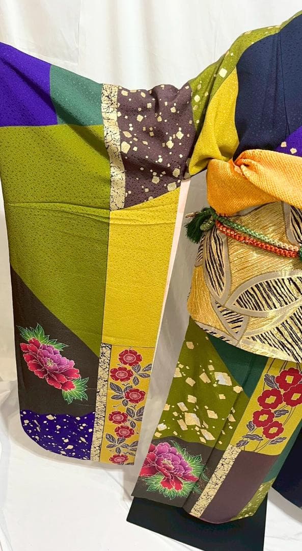 【美品】比嘉京子　振袖フルセット成人式6点セット金箔/紫/赤/緑/黒トールサイズ