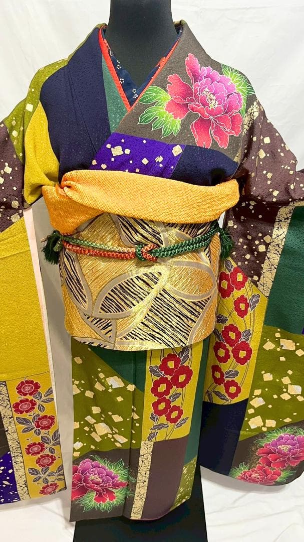 【美品】比嘉京子　振袖フルセット成人式6点セット金箔/紫/赤/緑/黒トールサイズ
