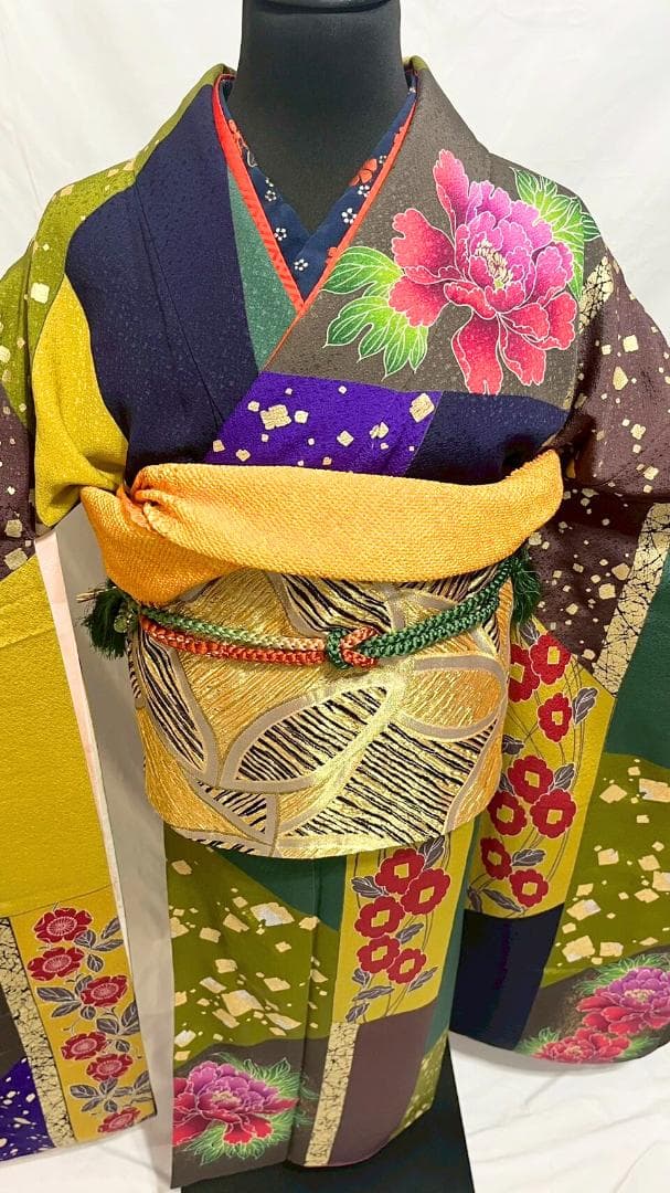 【美品】比嘉京子　振袖フルセット成人式6点セット金箔/紫/赤/緑/黒トールサイズ