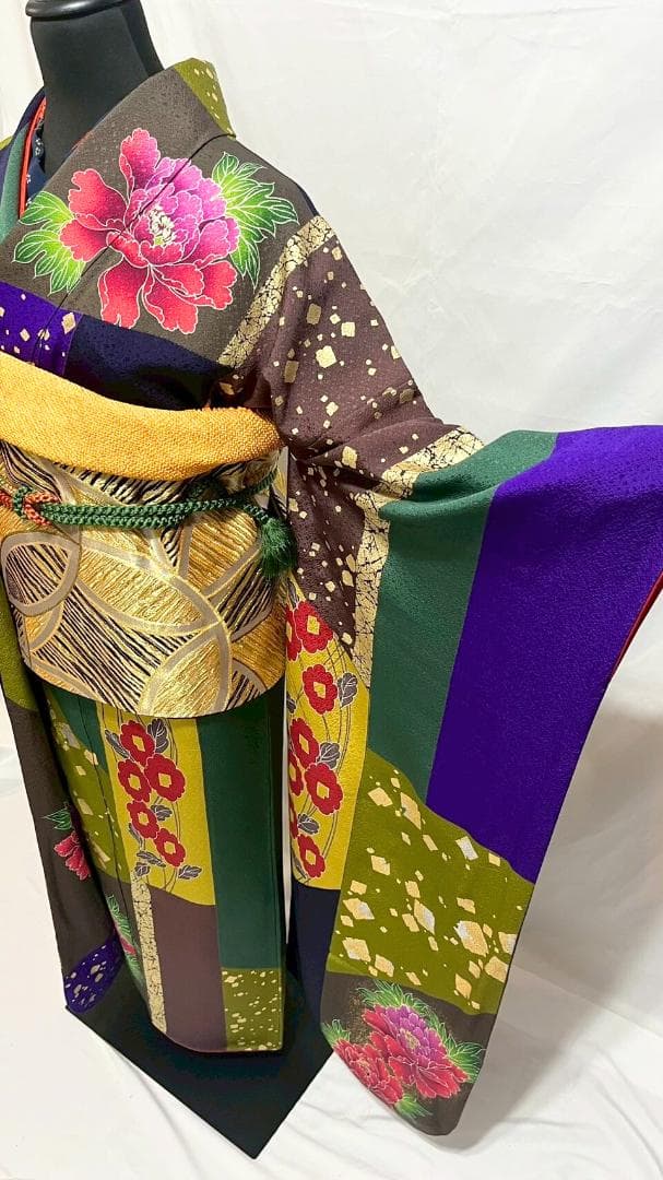 【美品】比嘉京子　振袖フルセット成人式6点セット金箔/紫/赤/緑/黒トールサイズ
