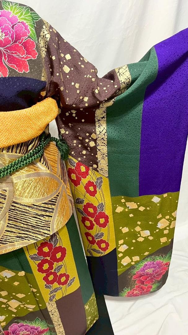 【美品】比嘉京子　振袖フルセット成人式6点セット金箔/紫/赤/緑/黒トールサイズ