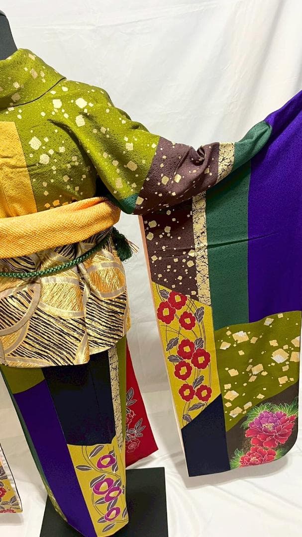 【美品】比嘉京子　振袖フルセット成人式6点セット金箔/紫/赤/緑/黒トールサイズ