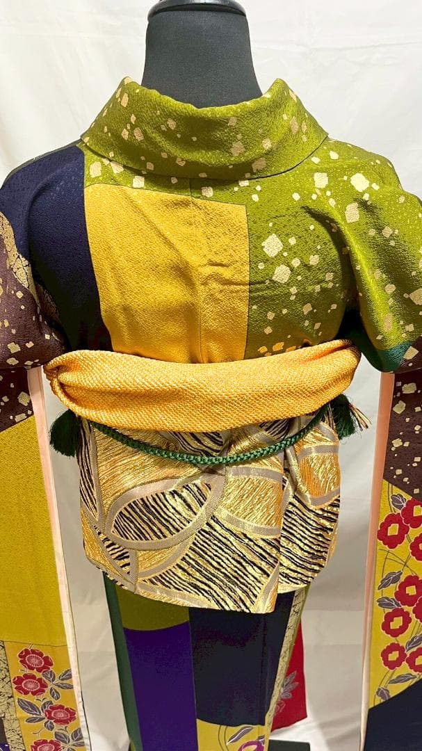 【美品】比嘉京子　振袖フルセット成人式6点セット金箔/紫/赤/緑/黒トールサイズ