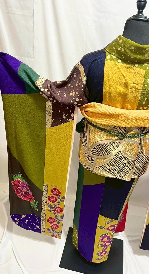 【美品】比嘉京子　振袖フルセット成人式6点セット金箔/紫/赤/緑/黒トールサイズ