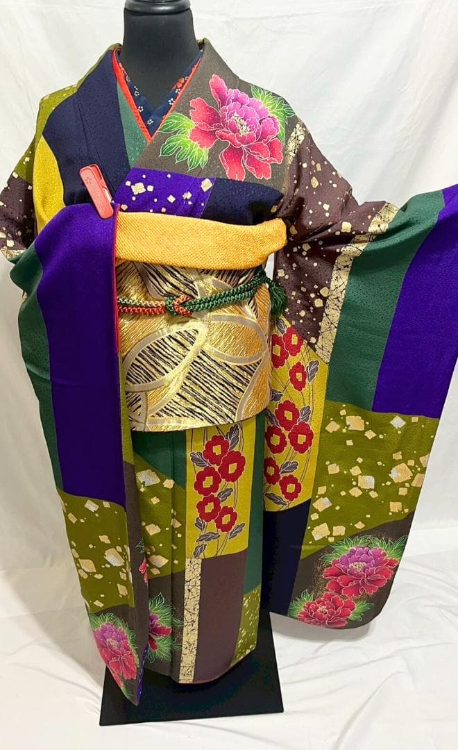 【美品】比嘉京子　振袖フルセット成人式6点セット金箔/紫/赤/緑/黒トールサイズ