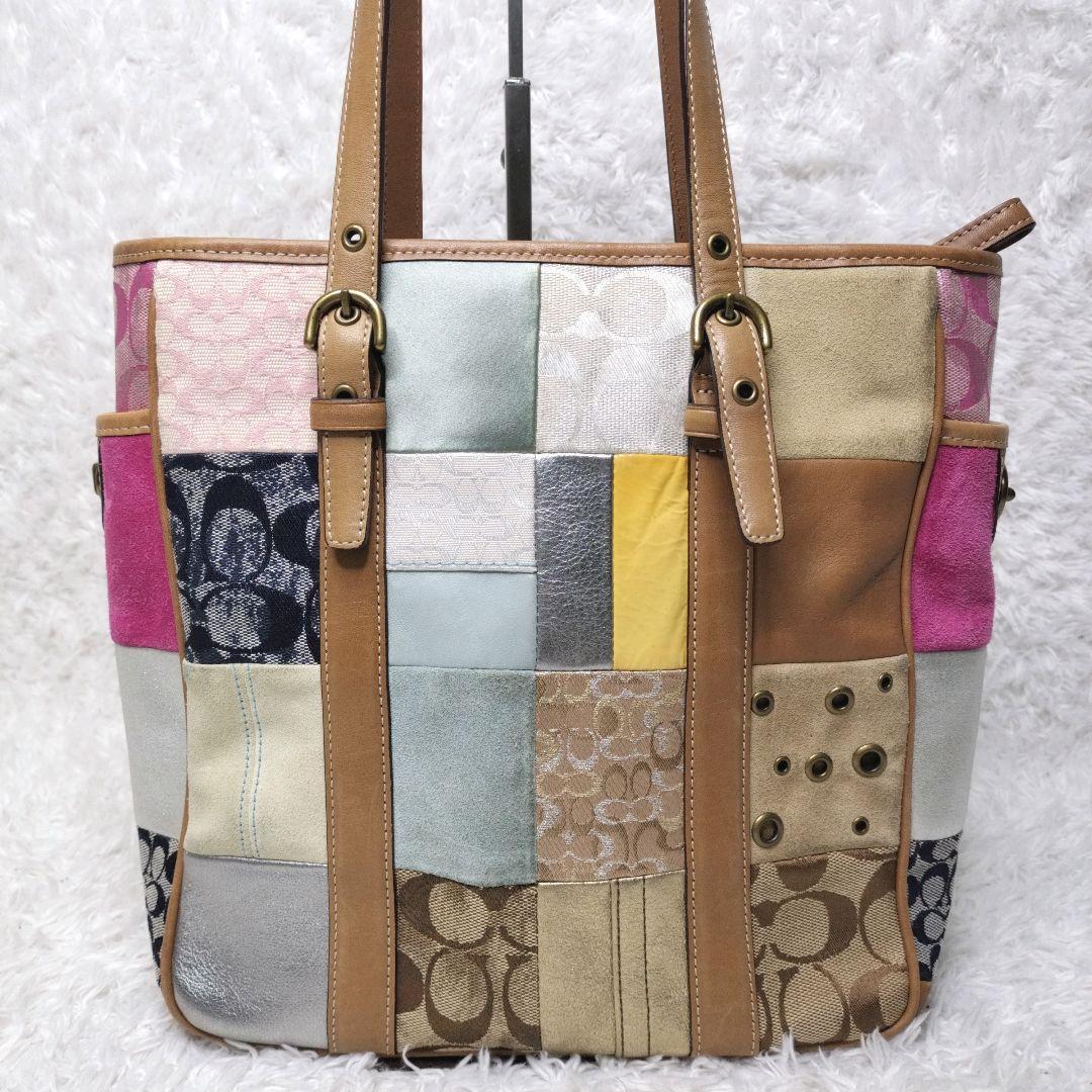 【希少】COACH　パッチワーク　レザー　シグネチャー　スウェード　ターンロック