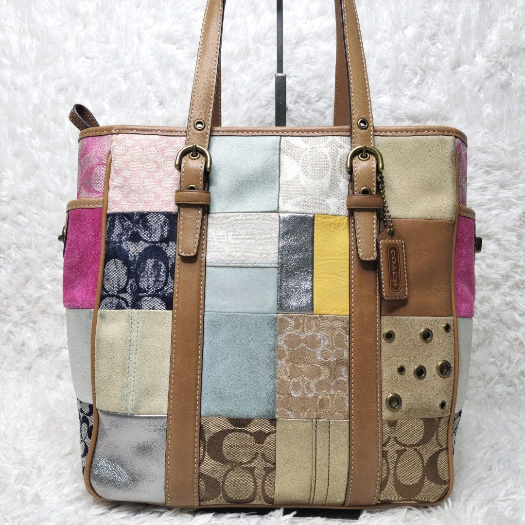 【希少】COACH　パッチワーク　レザー　シグネチャー　スウェード　ターンロック
