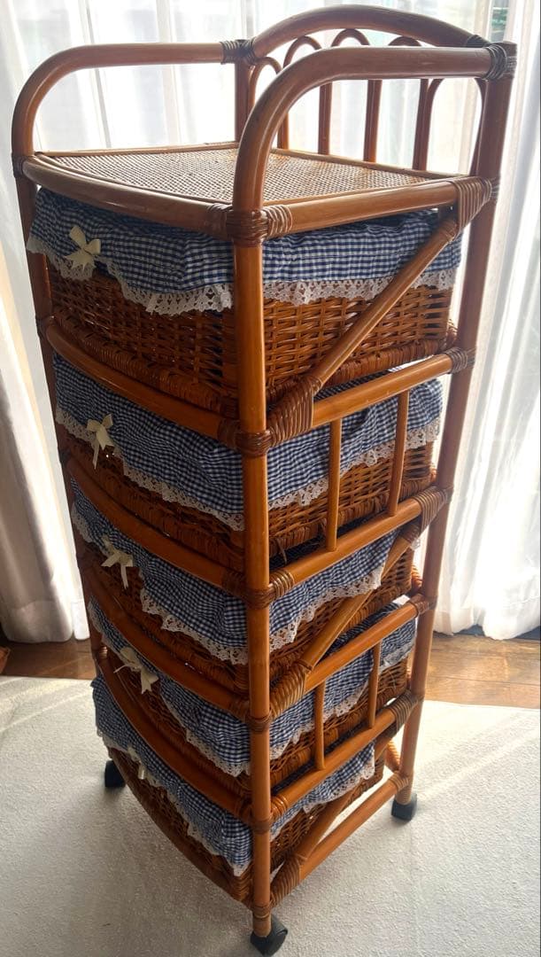 ラタン 5段バスケット収納 昭和レトロ 藤 布カバー付 ナチュラル ヴィンテージ