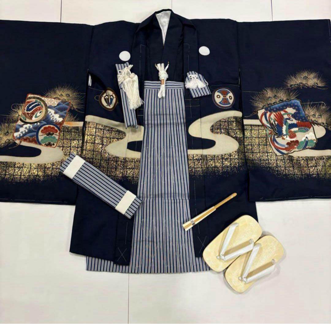 七五三　3歳男の子　着物・袴セット　紺系　五つ紋　富士山　兜　日本製　新品