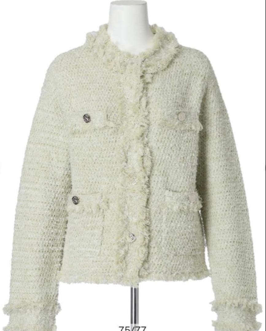 アプワイザーリッシェ　フリンジツイードニットジャケット　黄緑　グリーン