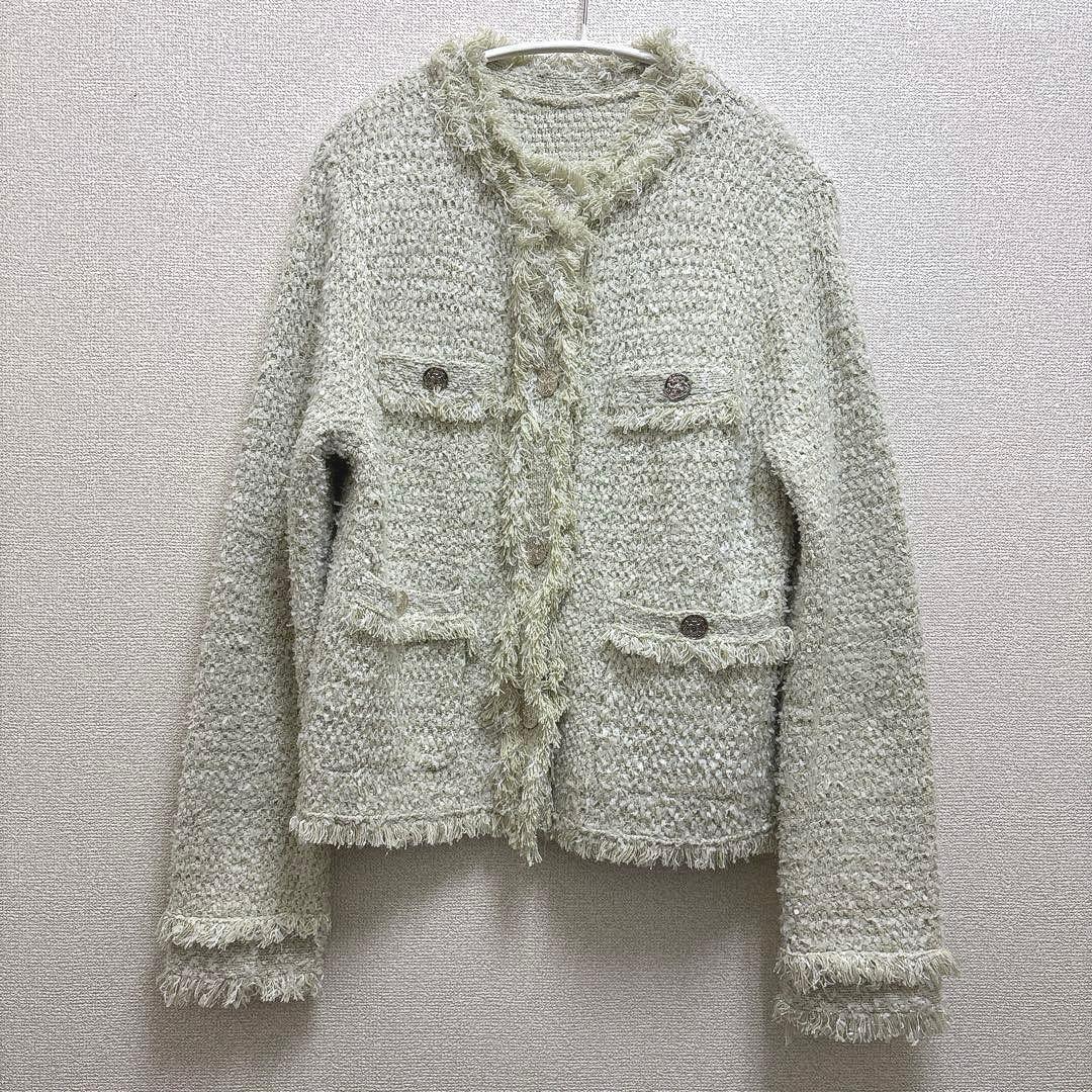 アプワイザーリッシェ　フリンジツイードニットジャケット　黄緑　グリーン