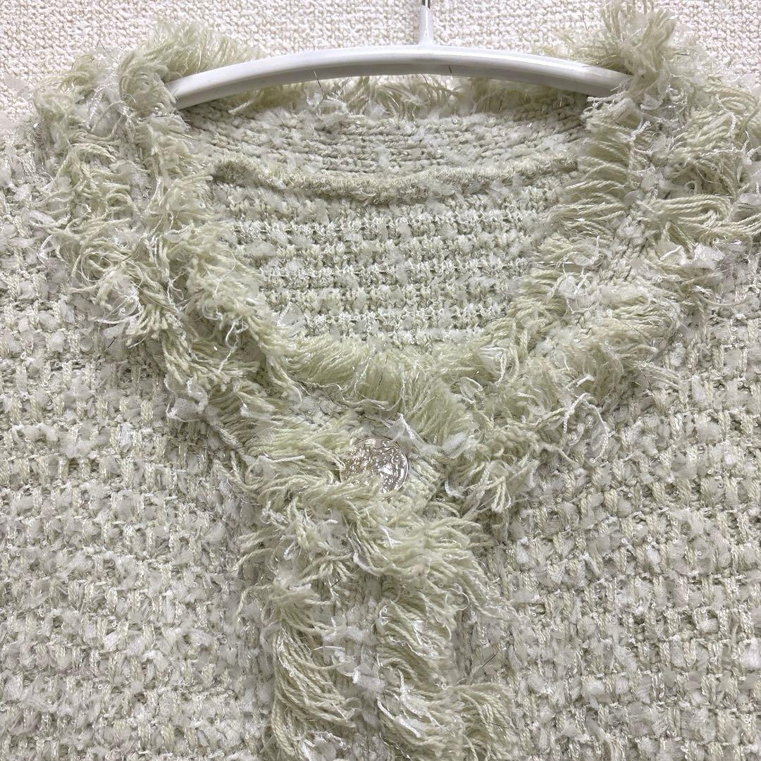 アプワイザーリッシェ　フリンジツイードニットジャケット　黄緑　グリーン