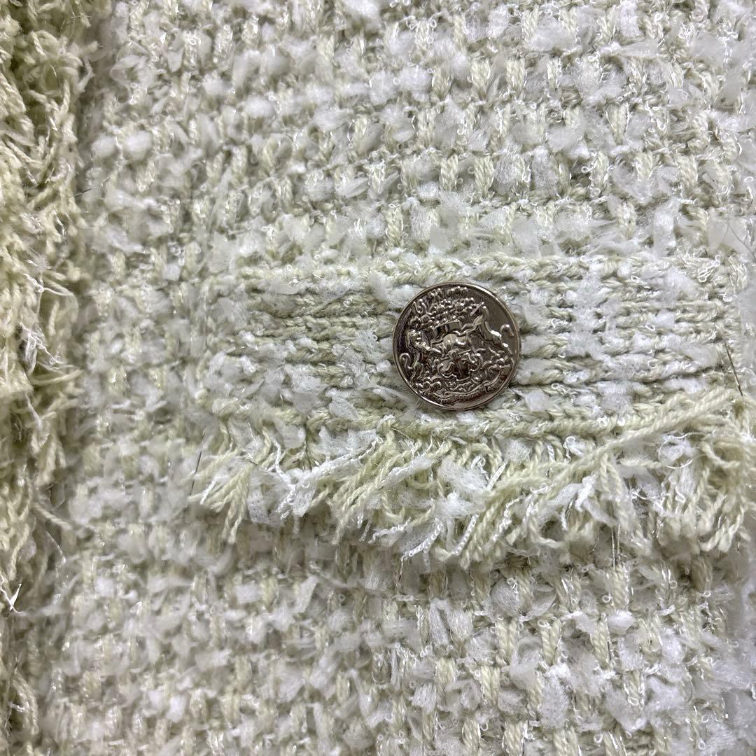 アプワイザーリッシェ　フリンジツイードニットジャケット　黄緑　グリーン