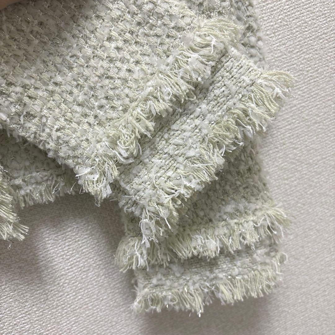 アプワイザーリッシェ　フリンジツイードニットジャケット　黄緑　グリーン