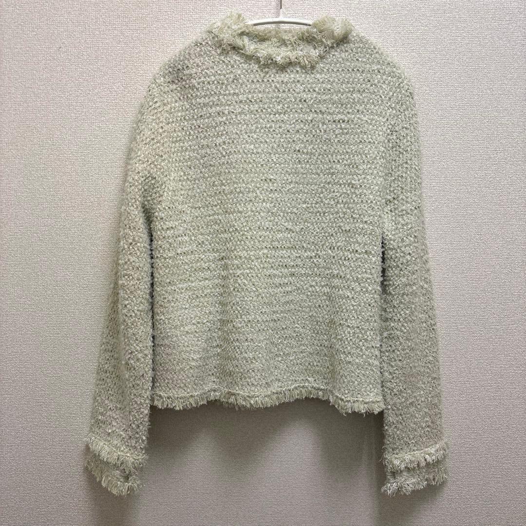 アプワイザーリッシェ　フリンジツイードニットジャケット　黄緑　グリーン