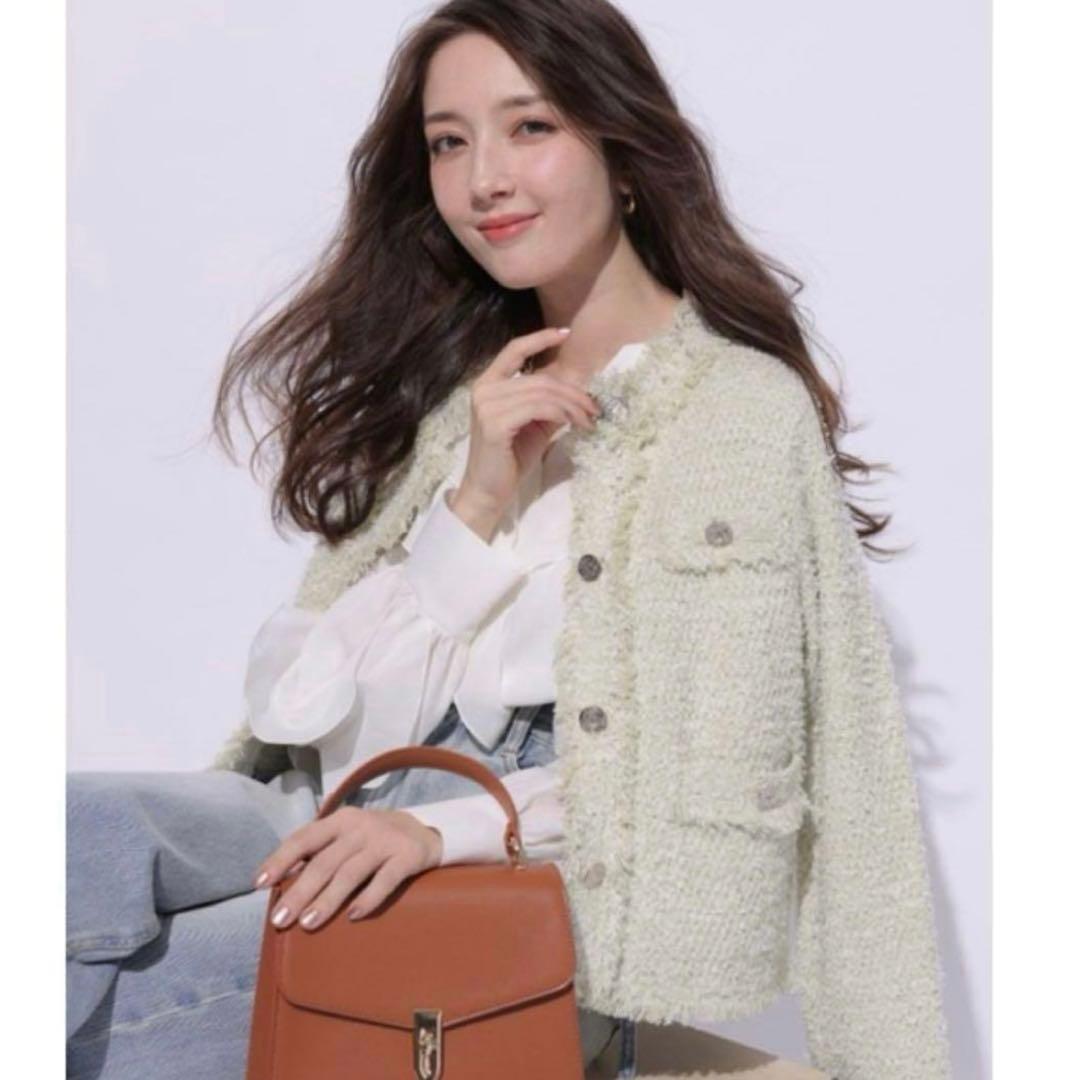 アプワイザーリッシェ　フリンジツイードニットジャケット　黄緑　グリーン