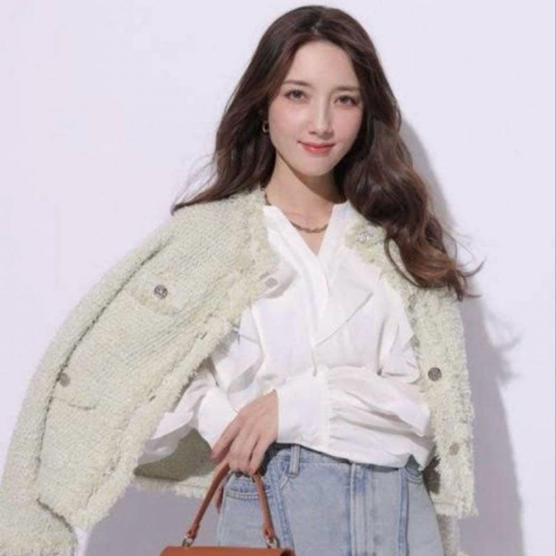 アプワイザーリッシェ　フリンジツイードニットジャケット　黄緑　グリーン