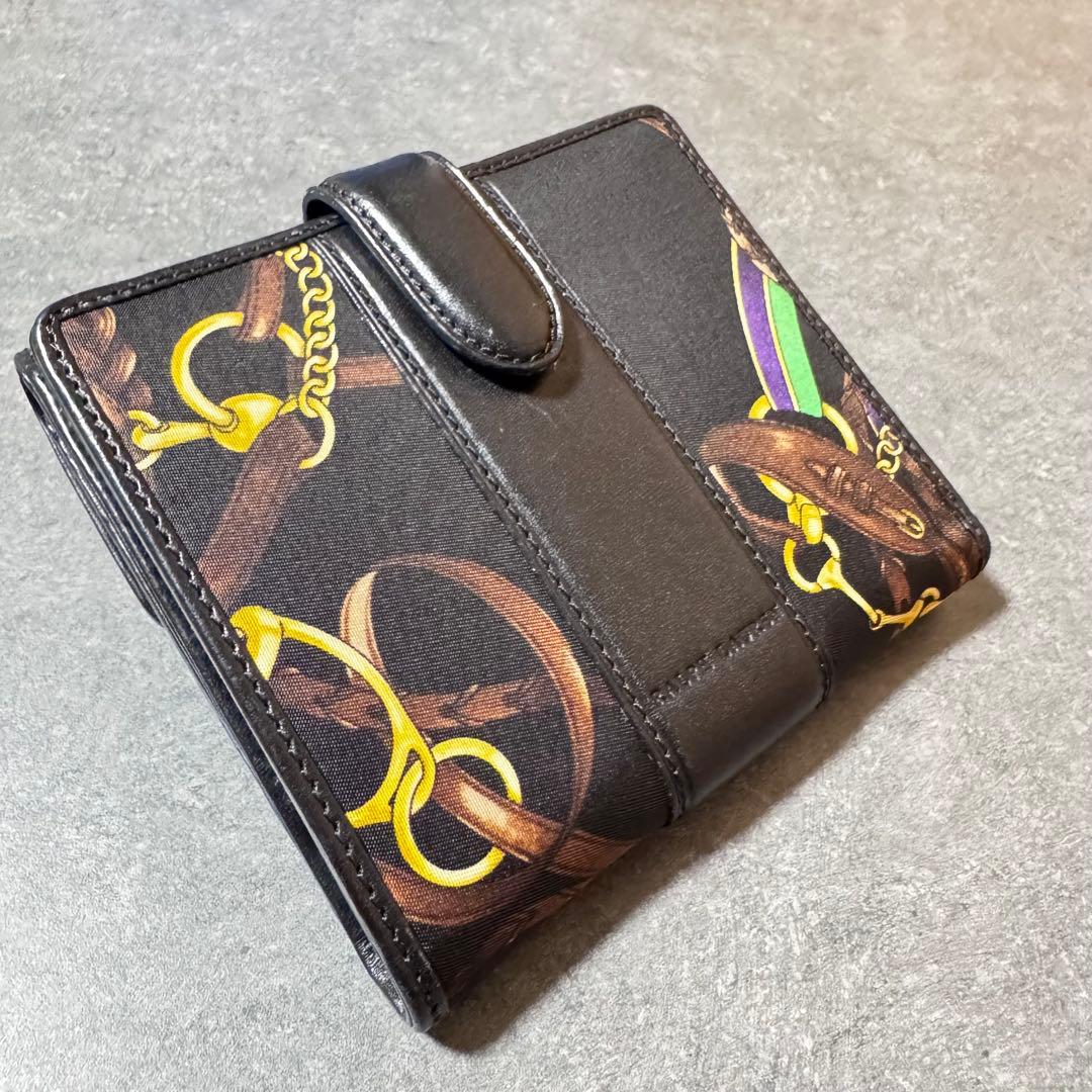 ラルフローレン 馬具装飾柄 キャンバス レザー 2つ折財布 金具 総柄