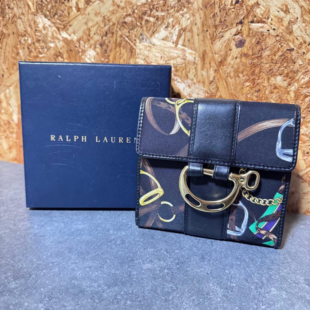 ラルフローレン 馬具装飾柄 キャンバス レザー 2つ折財布 金具 総柄