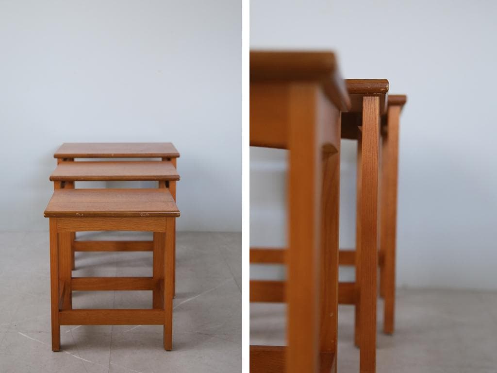 英国アンティーク木製ネストテーブル3台/収納式机/飾り棚/花台(91-77)