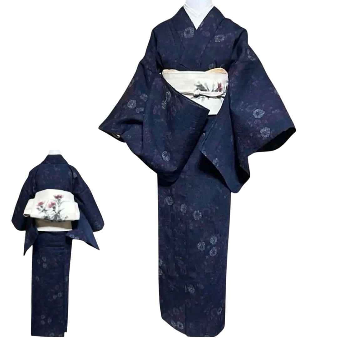 未使用近い　単衣　生紬　小紋　フルセット　4点　作家帯付き　161/67.5