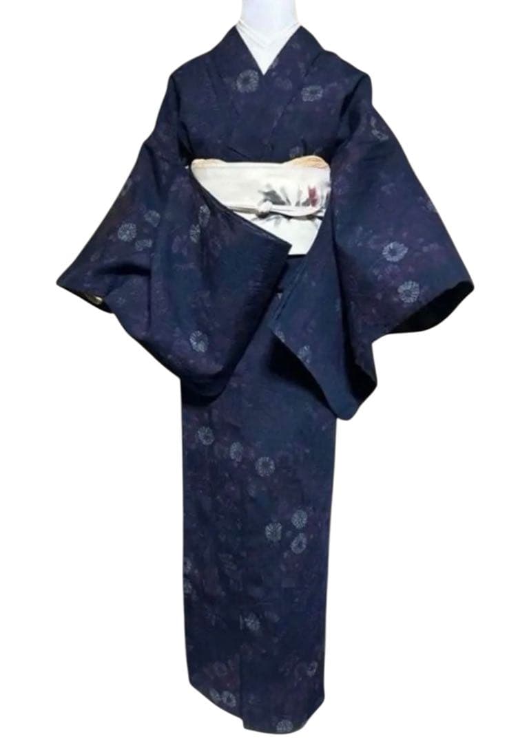 未使用近い　単衣　生紬　小紋　フルセット　4点　作家帯付き　161/67.5