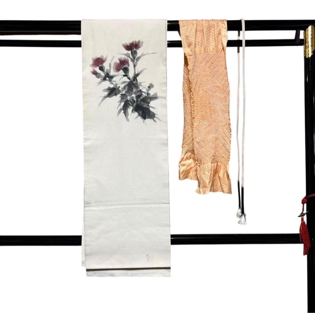 未使用近い　単衣　生紬　小紋　フルセット　4点　作家帯付き　161/67.5