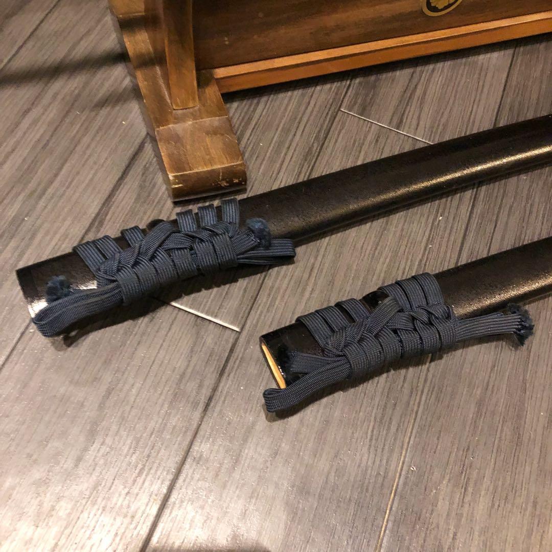 高級模造刀　居合刀　太刀　大小セット　脇差　樋入り刀身　緑拵え　鍔ひび有