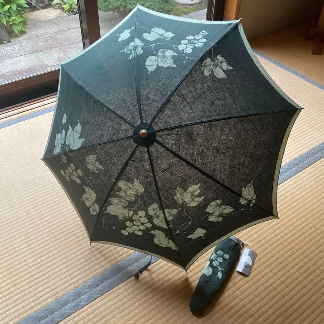 【新品】日本製 天然染 麻100 リネン 木製彫 高級日傘 モンブラン山口