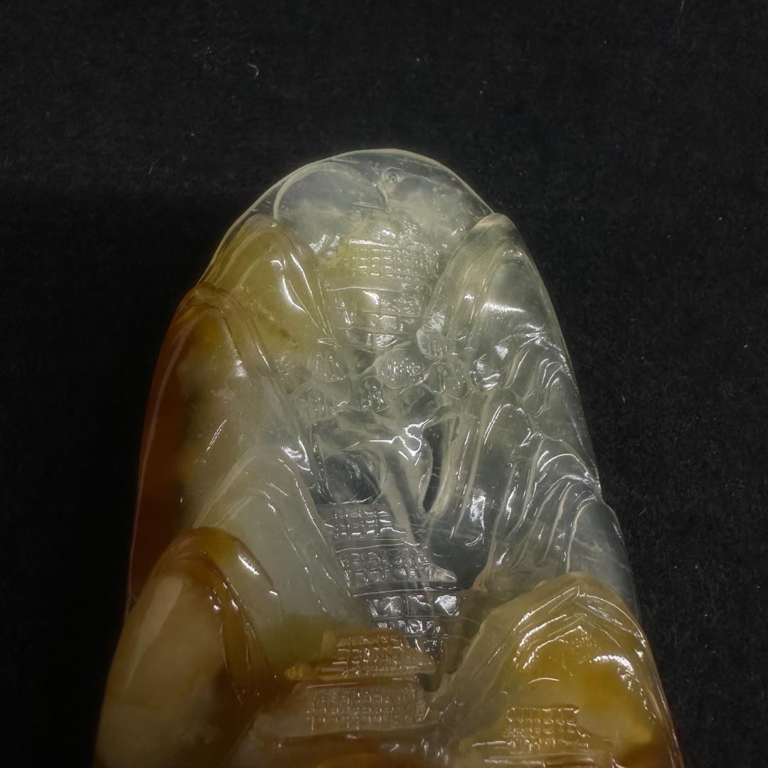 翡翠　和田玉 山水図案　細密彫　置物　　中国骨董