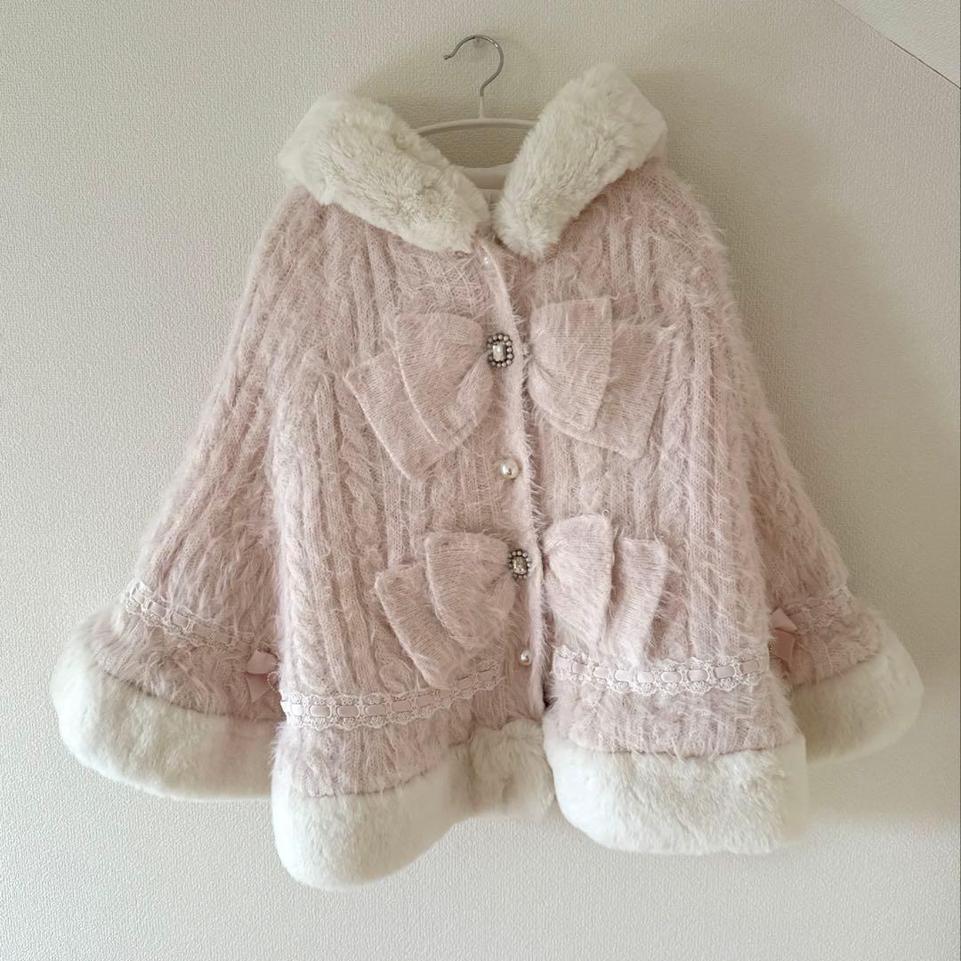 【美品】LIZLISA ダブルリボンニットファーポンチョ ピンク リズリサ