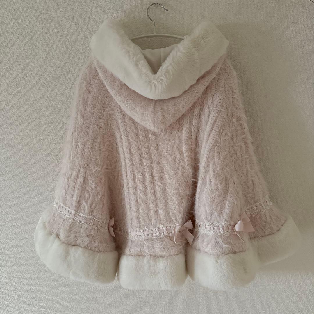 【美品】LIZLISA ダブルリボンニットファーポンチョ ピンク リズリサ